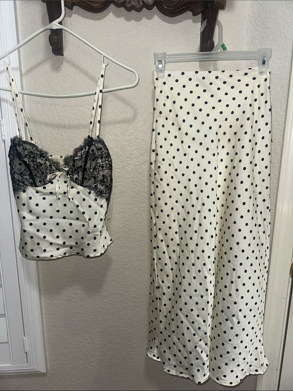 Polka Dot Satin Cami & Skirt Set - White/Black